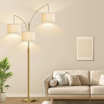 Dimmable Floor Lamp - 3 Lights Brass Floor Lamps for Living Room Linen White Shades & Heavy Base, Mid Century Tree Floor Lamp for Bedroom Office, 3 LED Bulbs Included