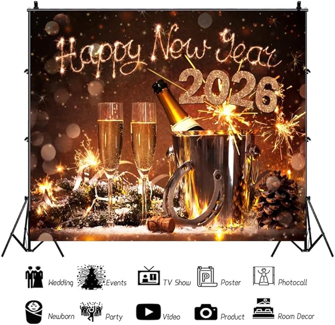 AOFOTO 10x10ft Happy New Year 2026 Backdrop Champagne Wine Beer Gold Sparklers Fireworks Bokeh Light Spot New Year's Eve Backdrop Banner Carnival Celebration Background Party Decorations Props