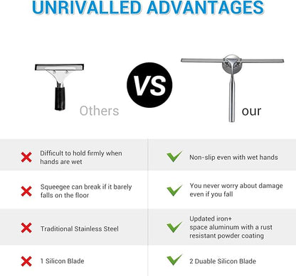 Shower Squeegee for Glass Doors, 12" Stainless Steel Squeegees for Shower Doors, Bathroom, Window and Car Glass, All-Purpose Cleaning Squeegee with Matching Hooks Holder, 1 Replacement Squeegee Blade