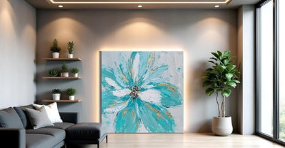 Yihui Arts Hand Embellished Floral Canvas Wall Art with Textured Details & Gold Foil Accents, Modern Teal Flower Painting for Home Decor
