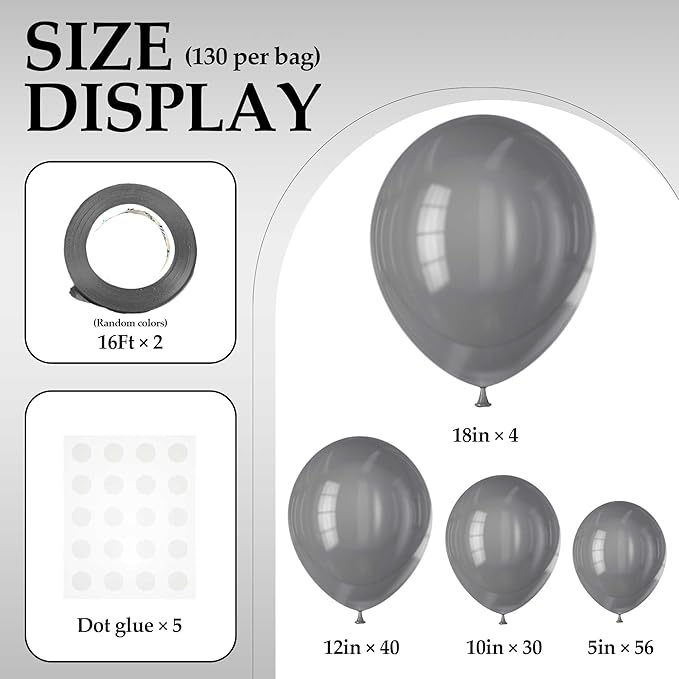 130PCS Gray Balloons, Latex Balloons Different Sizes 18/12/10/5 Inch, Helium Balloons with Ribbon, Party Balloon Set for Birthday Wedding Graduation Anniversary Baby Shower Decorations.