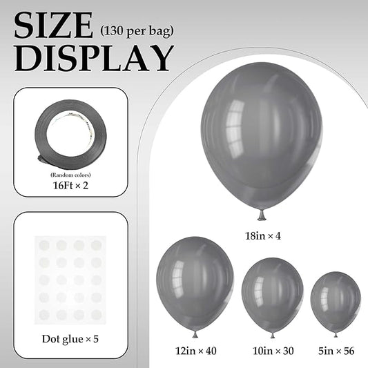 130PCS Gray Balloons, Latex Balloons Different Sizes 18/12/10/5 Inch, Helium Balloons with Ribbon, Party Balloon Set for Birthday Wedding Graduation Anniversary Baby Shower Decorations.