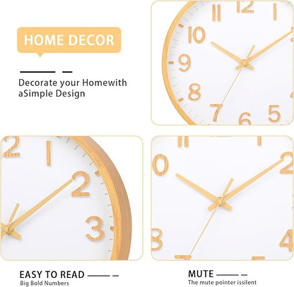 Wall Clocks Battery Operated 12 inch Modern Wall Clock,Silent Non Ticking Wall Clock for Living Room Bedroom Kitchen Office Classroom Decor (Wood Grain Yellow White)
