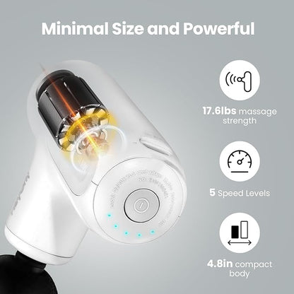 Super Mini Massage Gun Deep Tissue with 5 Speeds, Small Travel Size Percussion Muscle Massager for Pain Relief with 4 Attachments, Handheld Portable Massager Gun for Man & Women, White