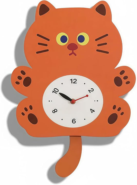 FASHION in THE CITY Adorable Cat Themed Swing Wall Clock - Silent Non-Ticking Pendulum Clock, Easy to Read Analog Clock for Cat Lovers, Nursery, Kitchen, Cute Home Decor Gift (YBZ001-Brown)