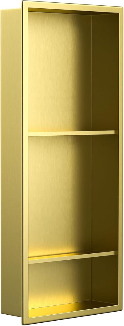 Stainless Steel Shower Niche Gold 30" X 12" with 3-Tiers Shelf No Tile Needed Niche Shower for Bathroom Storage Recessed Wall Shelf Over Mount Installation