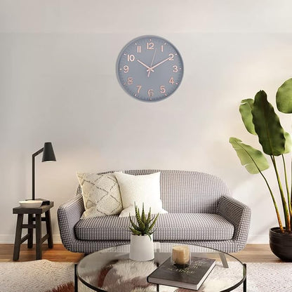 HZDHCLH Modern Wall Clocks Battery Operated,12 inch Silent Non Ticking Round Quartz Clock for Wall,3D Numbers Wall Clock for Kitchen Bedroom Living Room Office Classroom Decor (Grey-Rosegold)