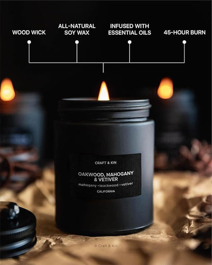 Craft & Kin Premium Oakwood, Mahogany & Vetiver Candle | Black Scented Candles for Men | Long Lasting with 45 Hour Burn Time, 7.6oz | Soy Candles | Aromatherapy at Home
