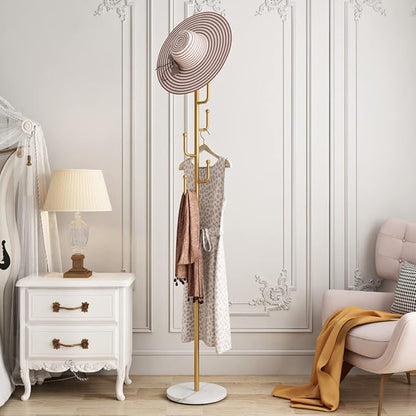 Gold Coat Rack, Free-standing Small Modern Coat Stand Tree with 6 Hooks, Marble Base, Hat & Coat Cactus Shape Hanger for Bedroom, Office, Metal Vintage, gold