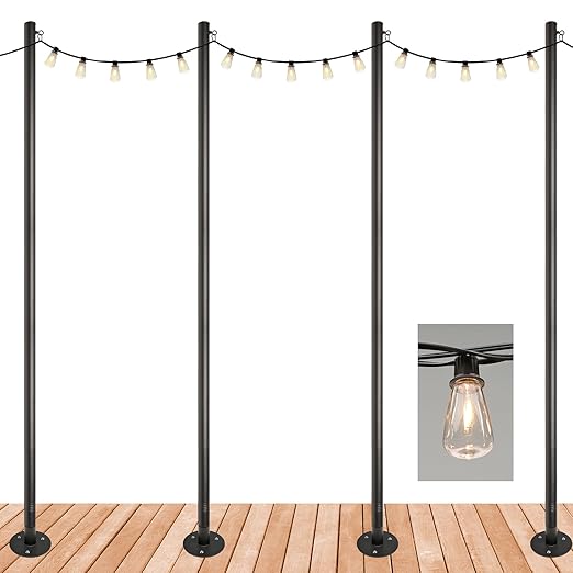EXCELLO GLOBAL PRODUCTS Premium String Light Pole 4 Pack with 100' of LED Edison Bulb String Lights (Deck Mount)