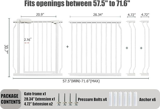 Extra Wide Baby Gate Tension Indoor Safety Gates White Metal Large Pressure Mounted Pet Walk Through Long Dog for The House Doorways Stairs (66.9 inches-71.6 inches, White) (Th-0001)