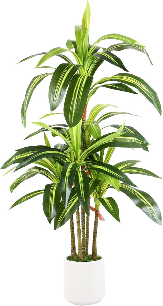 Artificial Dracaena Fake Tree 4FT, White High Pot Artificial Plants Indoor&Outdoor, Fake Plants for Office/Home/Living Room Potted Decoration, 4ft