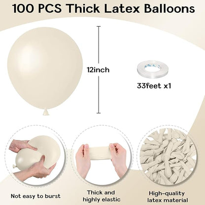 Sand White Balloons, 12 Inch, 100 Pack - Boho, Cream, Matte, Retro, Off White, Neutral, Helium Balloons for Birthday, Wedding, Baby Shower Parties