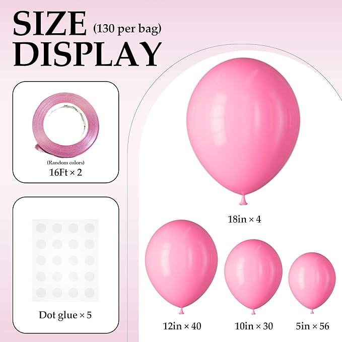 130PCS Pink Balloons, Latex Balloons Different Sizes 18/12/10/5 Inch, Helium Balloons with Ribbon, Party Balloon Set for Birthday Wedding Graduation Anniversary Baby Shower Decorations.