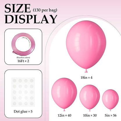 130PCS Pink Balloons, Latex Balloons Different Sizes 18/12/10/5 Inch, Helium Balloons with Ribbon, Party Balloon Set for Birthday Wedding Graduation Anniversary Baby Shower Decorations.