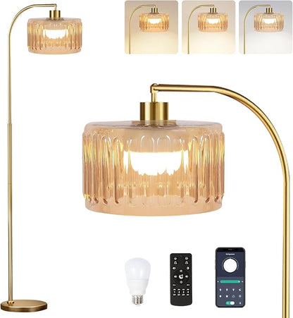 Gold Floor Lamp for Living Room,Bedroom,Mid Century Modern Standing Lamp with Remote,Dimmable Brass Tall Lamp Glass Lamp Vintage Retro Arc Floor Lamps Flower Floor Light Boho Bohemian