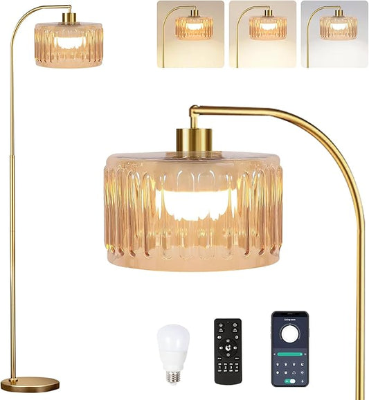 Gold Floor Lamp for Living Room,Bedroom,Mid Century Modern Standing Lamp with Remote,Dimmable Brass Tall Lamp Glass Lamp Vintage Retro Arc Floor Lamps Flower Floor Light Boho Bohemian
