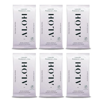 ALŌH Lavender Rosewood + Aloe Sanitizing Hand Wipes - Clean Hands, Clear Mind - On The Go Hand Sanitizer Wipes for Kids and Adults - Travel Size 6 Pack, 20ct (120 wipe)
