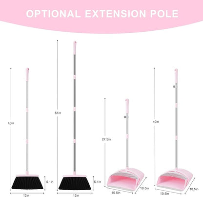 Broom and Dustpan Set, Broom with Dustpan Combo Set for Home 54-in Long Adjustable Handle Dustpan Teeth to Clean Hair for Home Office Kitchen Lobby(Pink)