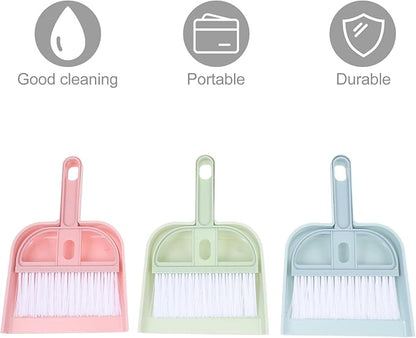 Handheld Mini Broom and Dustpan Set, 6pcs Desktop Cleaning Brush Kit for Pet Hair and Household Debris, Small Brooms with Dust Pans in Pink, Green, and Blue for Home and Office Use