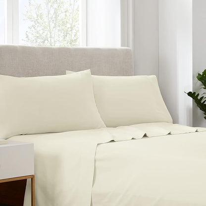 Serta Simply Clean Super Soft Hypoallergenic Stain Resistant Deep Pocket 4 Pieces Solid Bed Sheet Set, King, Ivory
