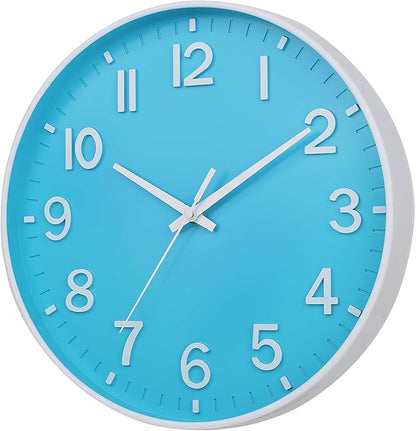 HZDHCLH Wall Clock 3D Numbers Wall ClockBattery-Powered 12-inch Silent Non-Tick Modern Wall Clock for Living Room, Bedroom, Kitchen, and Office Decoration (Blue and White)
