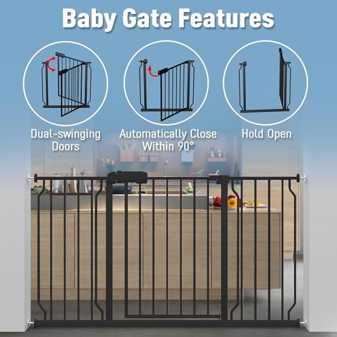 ALLAIBB Extra Wide Pressure Mount Baby Gate Auto Close Black Metal Child Dog Pet Safety Gates with Walk Through for Stairs,Doorways,Kitchen and Living Room (71.65-85.03"/182-218cm)