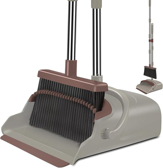 kelamayi Upgrade Broom and Dustpan Set, Self-Cleaning with Dustpan Teeth, Ideal for Dog Cat Pets Home Use, Super Long Handle Upright Stand Up Broom and Dustpan Set (Brown)