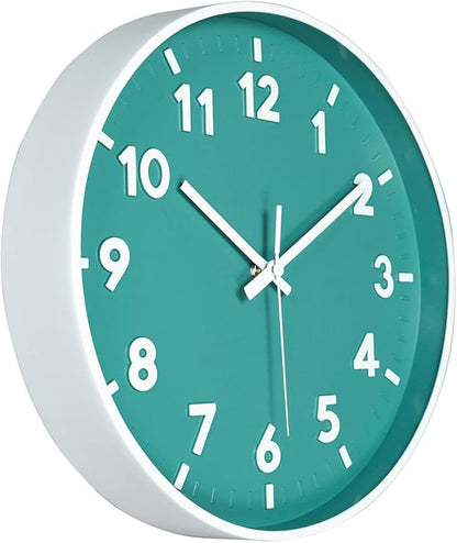 JENLYSTIME 12 Inch Modern Indoor Outdoor Wall Clock,Round Bright Colorful Dial,Non Ticking Silent Quartz Battery Operated Wall Clocks,Easy to Read Simple Style Decor Clock for Bedroom,Kitchen(Teal)