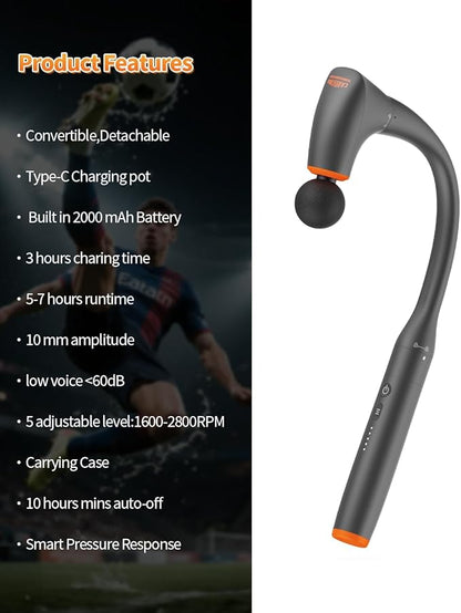 Convertible Massage Gun Deep Tissue for Back Neck Muscle Pain Relief - Electric Handheld Percussion Shoulder Massager Tool with Detachable Long Handle Portable Case