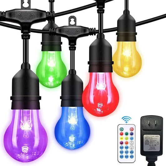 144FT Outdoor String Lights with 32 RGB Color Changing E26 Bulbs - Dimmable Shatterproof Edison Patio Lights for Backyard, Garden, Porch Controllers