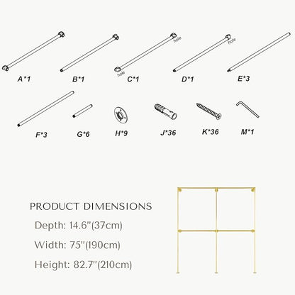 Industrial Pipe Clothing Rack, Heavy Duty Wall Mounted Clothes Rack, Retail Display Hanging Garment Rod for Laundry Rooms Closet Storage, 14.6x75x82.7 Inches, Model K09 Gold