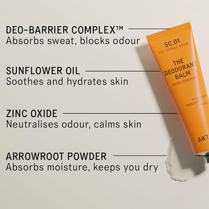 Akt, THE DEODORANT BALM. Award winning, multi-use, natural deodorant. Plastic Free. Gender Free. Aluminium Free. 100% effective — 1 tube lasts up to 3 months. SC.01 ORANGE GROVE. 50ml/1.76 FL.OZ
