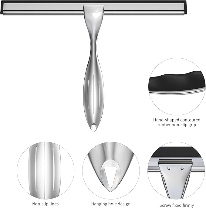 Shower Squeegee for Glass Door 12-Inch Stainless Steel Bathroom Squeegee Window Wiper, Includes Shower Door Hook, Adhesive Hook, and Spare Silicone Blade for Window Mirror Car All-Purpose Squeegee