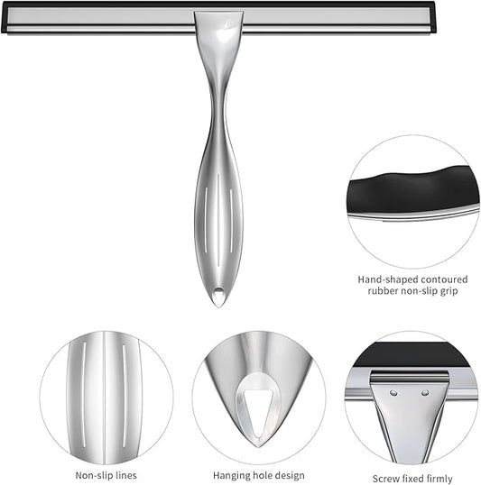 Shower Squeegee Set, 10-Inch Stainless Steel Squeegee for Bathroom, Shower Doors, Mirrors, Tiles, and Car Windows - 100% Streak Free, Includes Shower Door Hook, Adhesive Hook and Spare Silicone Blade