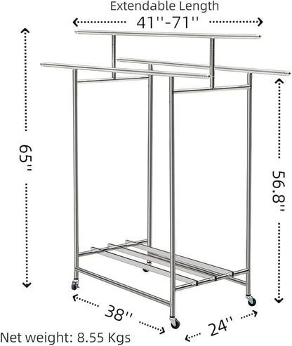 Stainless Steel Clothes Rack, 3-Rod Garment Rack for Hanging Clothes with 4 Wheels Load 600 LBS