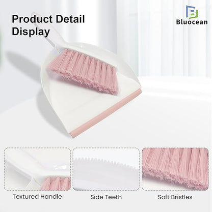 Mini Broom and Dustpan, Plus an Adhesive Hook Set, 7" Dustpan Opening, Bristles for Hair and Small Debris, Mini Portable Hand Brush for Pet, Sofa, Desk, Kitchen(White & Blush Pink)