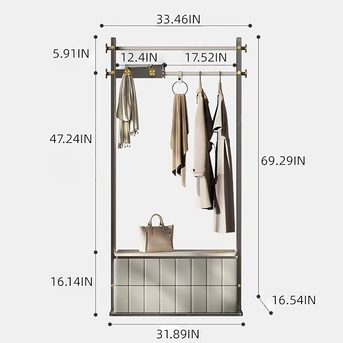 Clothes Rack for Hanging Clothes 33IN (Metal Hanging Rod) (Storage Drawers) White Plaid Wardrobe Garment Coat Organizer