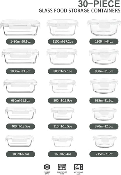 M MCIRCO 30 Pieces Glass Food Storage Containers with Upgraded Snap Locking Lids,Glass Meal Prep Containers Set - Airtight Lunch Containers, Microwave, Oven, Freezer and Dishwasher Friendly (White)