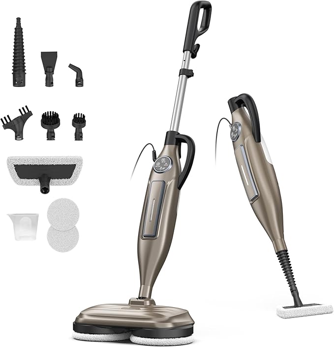 DEVOAC VM6 Scrubbing Steam Mop with Rotating Mop Pads, 10 in 1 Steam Mop, Lightweight Spin Mop & 3 Steam Modes for Hard Floor Laminate Marble Floors (Khaki)
