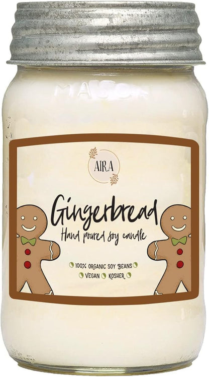 Aira Holiday Soy Candles - Organic, Kosher, Vegan, Mason Jar Candle w/Aromatherapy Essential Oils - Hand-Poured 100% Soy Candle Wax - Paraffin Free, Burns 110+ Hours - Gingerbread - 16 Ounces
