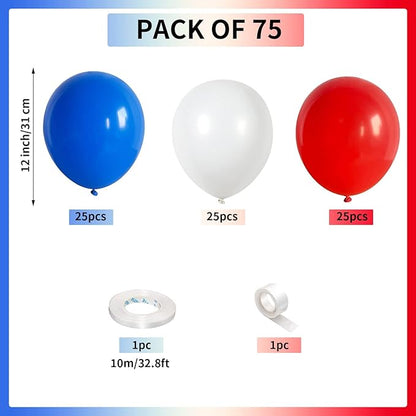 75 Pcs Red, White & Blue Balloons - 12 Inch Matte Red, Royal Blue, White Helium Latex Balloons for 4th of July, Memorial Day, Birthday, Baby Shower Parties