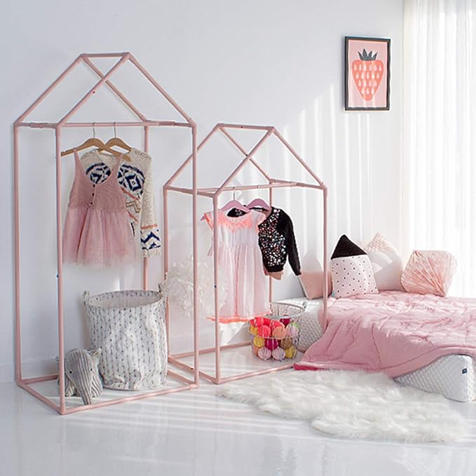 PETITE MAISON Kids Closet - Dress up Clothing Garmet Rack, Hanging Costume Organizer with Cute House Frame, Handmade Premium Quality, 25" x 17" x 59", Aluminium Super-Light, Large Pink