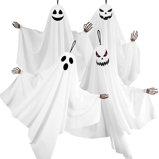 4PCS Hanging Ghosts Halloween Decorations with Skeleton Hands, Spooky Expression for Front Porch and Tree