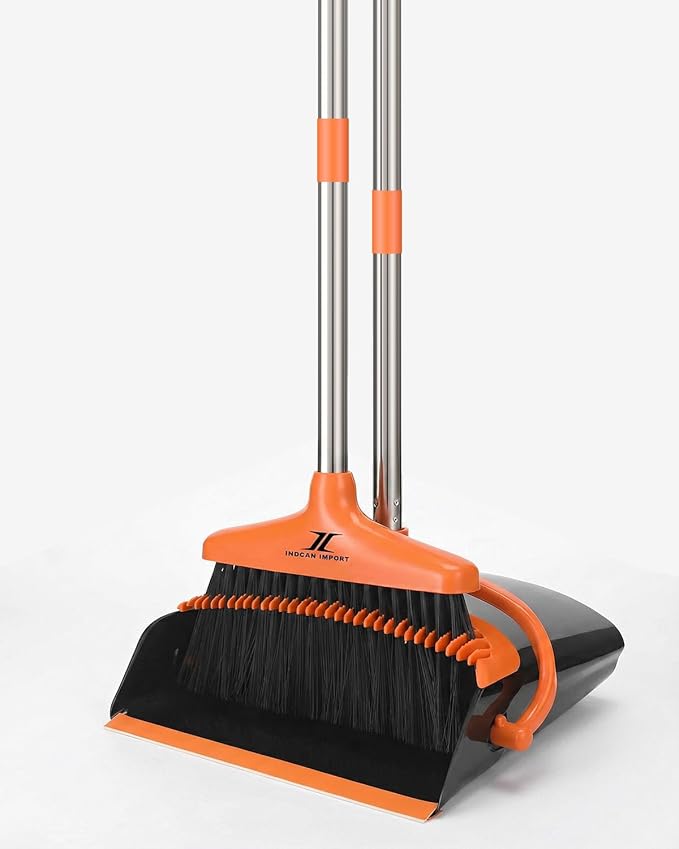 Broom and Dustpan Set Upright Standing Sweeper with Long Handle Folding Dust Pan with Built-in Teeth Comb Indoor & Outdoor Cleaning Compact Storage Broom Dustpan Combo Set