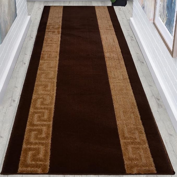 RugStylesOnline Washable Custom Size Runner Rug Meander Design Brown Beige, (2 Feet Length x 26 Inch Width) Custom Cut Slip Resistant Rubber Backing Runner Rugs, Extra Long Runner Rugs for Hallways