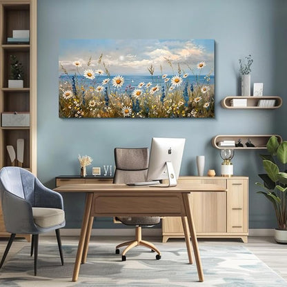 Wapluam Large Canvas Wall Art for Living Room Blue Ocean Wall Decor For Bedroom Bathroom Decoration Natural Seascape Painting Modern Office Wildflowers Artwork Pictures Home Decor Ready To Hang