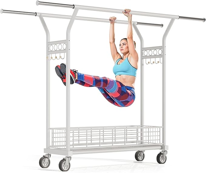 Heavy Duty Clothes Rack - Double Rod Clothing Racks with Wheels, Portable & Adjustable Garment Rack for Hanging Clothes, Rolling Clothes Rack Load 670LBS for Bedrooms, Laundry, Closet (White)