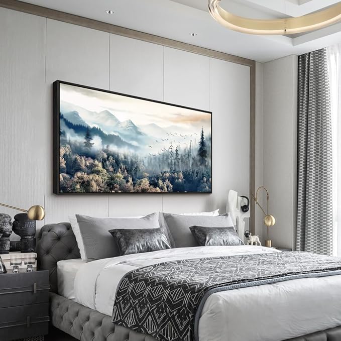 Wapluam Wall Art For Living Room Large Abstract Canvas Wall Decor For Office Fog Forest Landscape Wall Paintings Stretched and Framed Pictures Artwork Modern Bedroom Black Framed Home Decoration