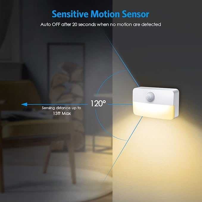 AMIR Motion Sensor Stair Lights for Indoor, 12 Pack Battery-Operated LED Night Light, 40 Lumen 3000K, Cordless Closet Light, Tap Light, Safe Lights for Stairs, Hallway, Bathroom, Cabinet, Kitchen